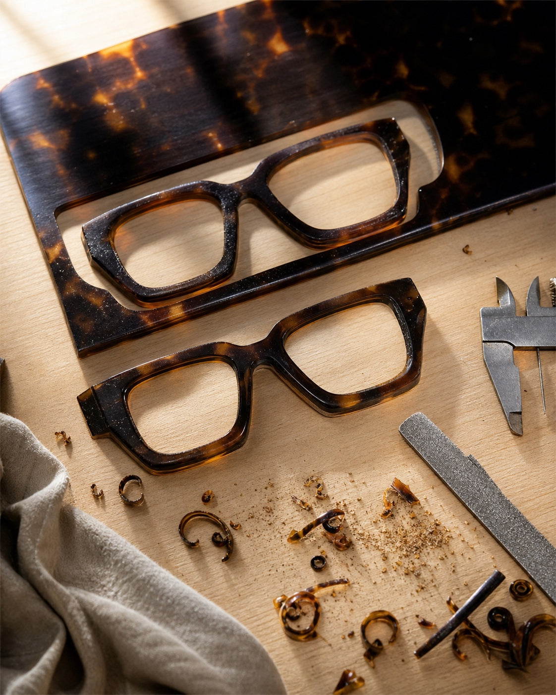 Freshly cut Havana bio-acetate spectacle fronts at the COCO LENI Goa workshop